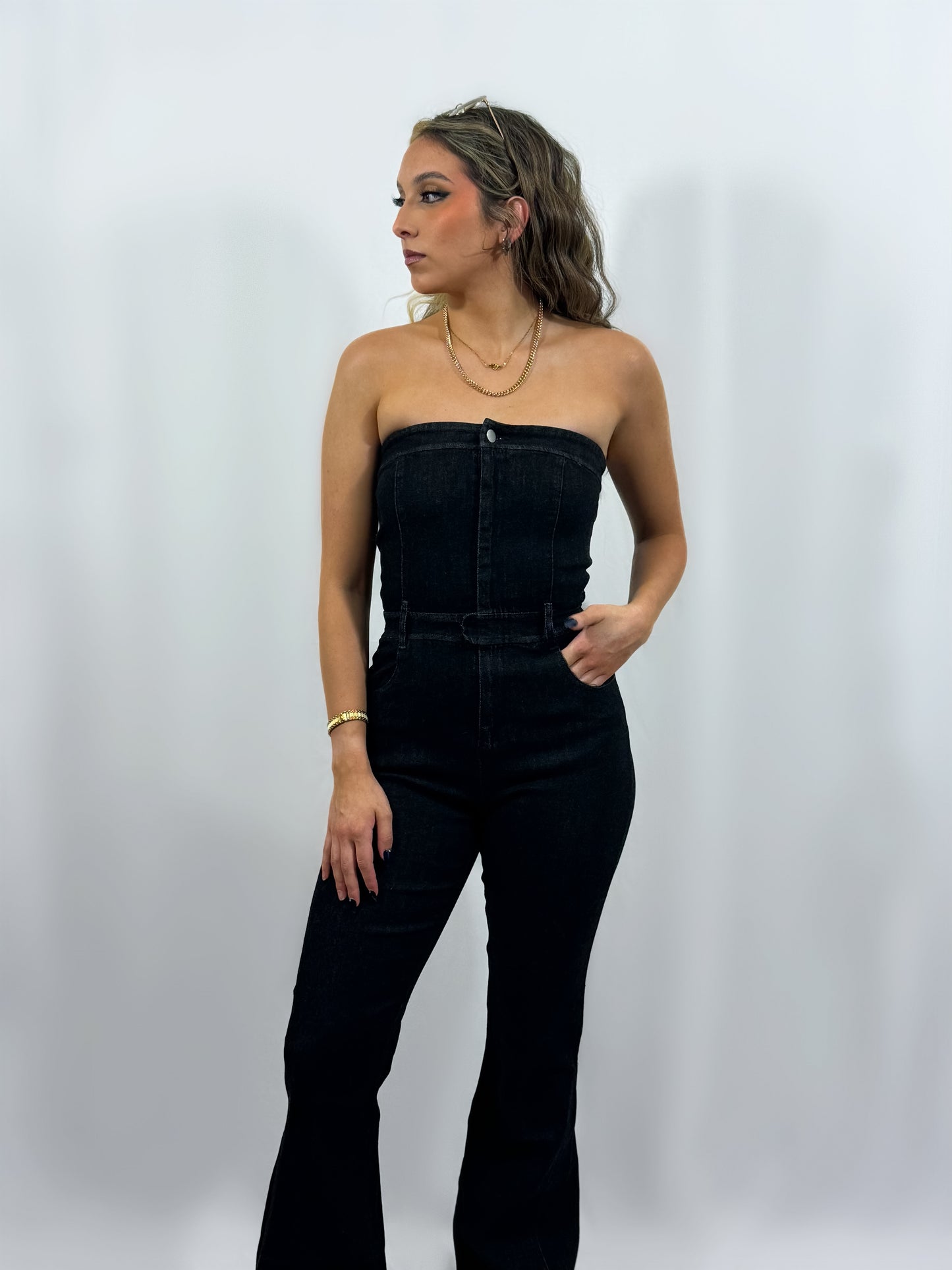 Denim Tube Flare Jumpsuit