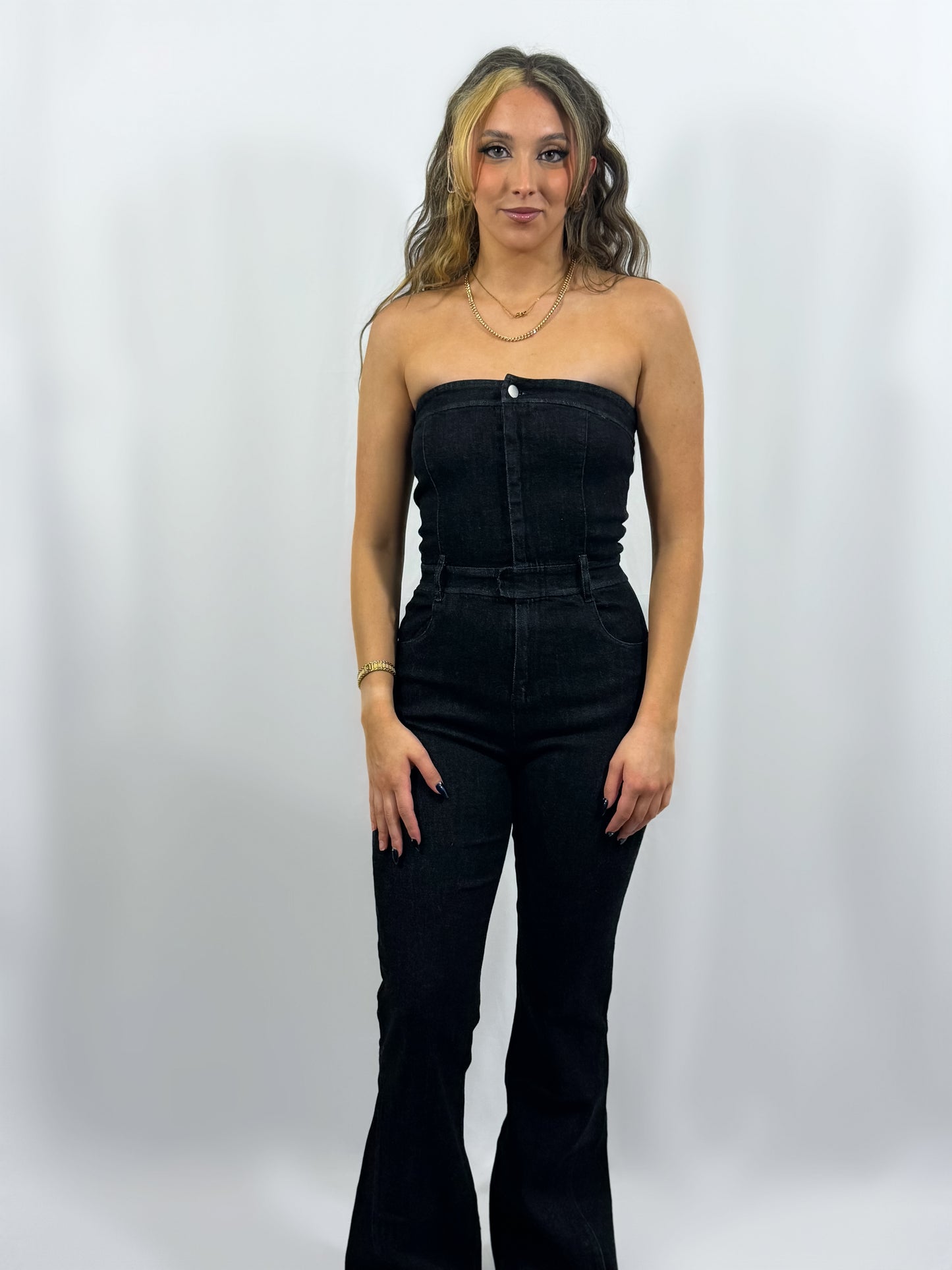 Denim Tube Flare Jumpsuit